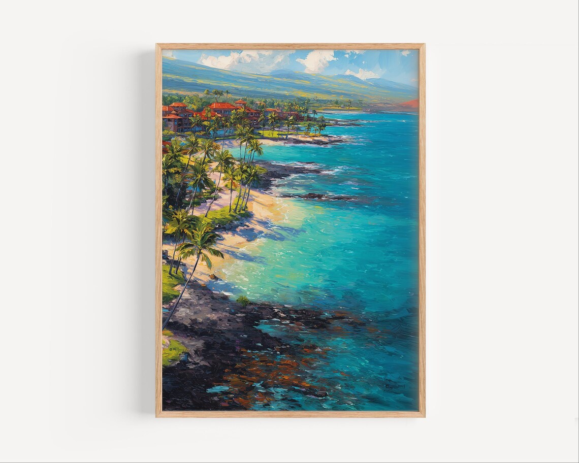 Waikoloa Beach Hawaii Tropical Coast Palm Oil Painting Travel Poster