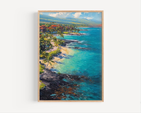 Waikoloa Beach Hawaii Tropical Coast Palm Oil Painting Travel Poster