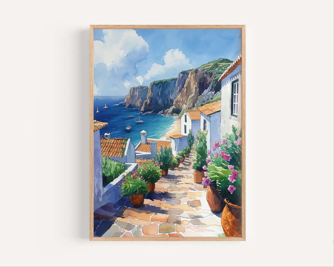 Algarve Portugal Coastal Cliff Town Watercolor Travel Poster Decor