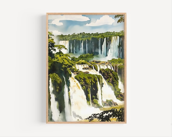 Iguazu Falls Argentina Lush Jungle Watercolor Waterfall Poster