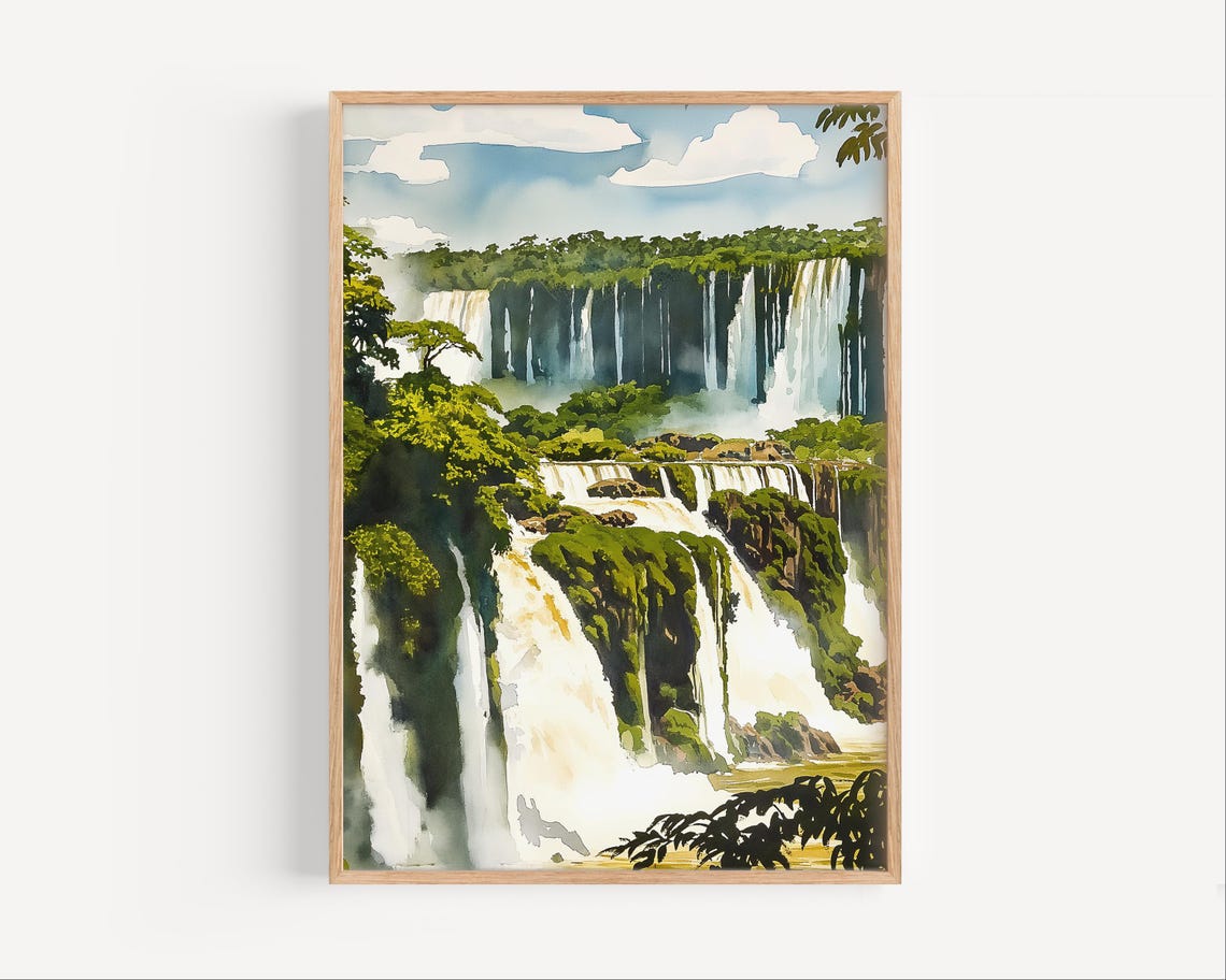 Iguazu Falls Argentina Lush Jungle Watercolor Waterfall Poster
