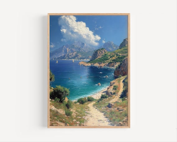Mediterranean Coast Sailboats Turquoise Bay Oil Painting Poster
