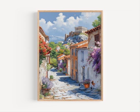Athens Greece Acropolis Watercolor Plaka Street Travel Art Poster