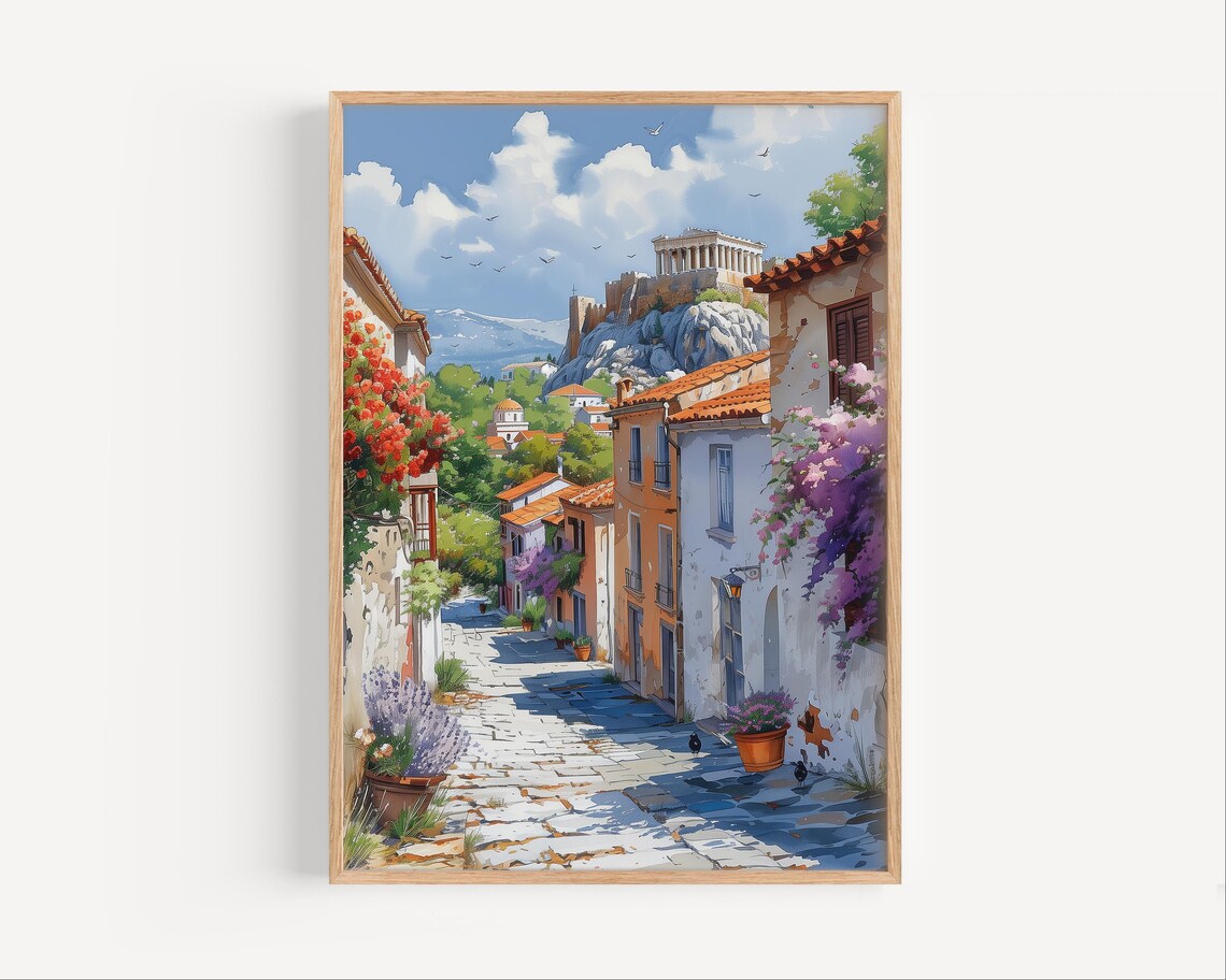 Athens Greece Acropolis Watercolor Plaka Street Travel Art Poster