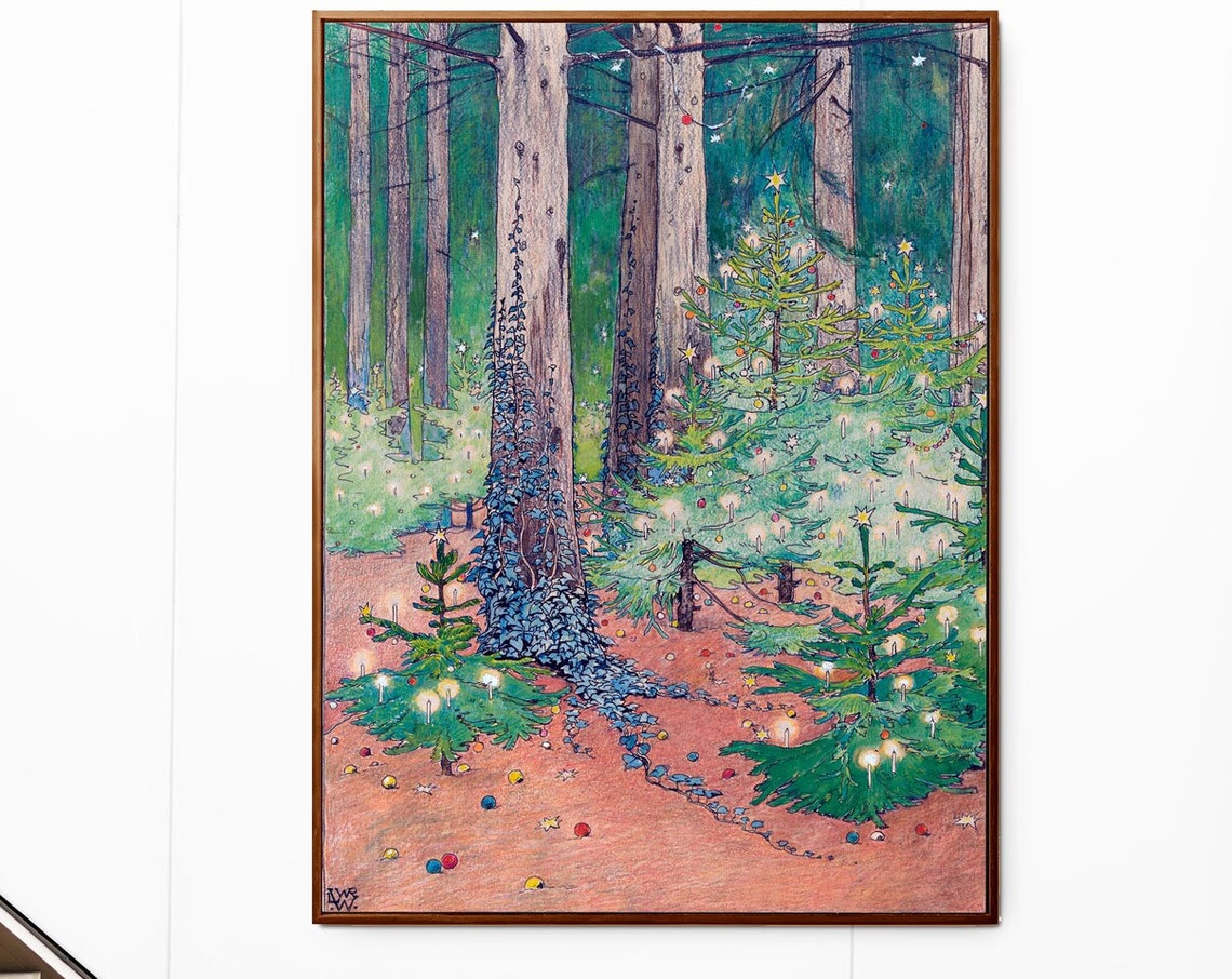 Enchanted Candlelit Christmas Trees in Snowy Pine Forest Vintage Print - Image 3
