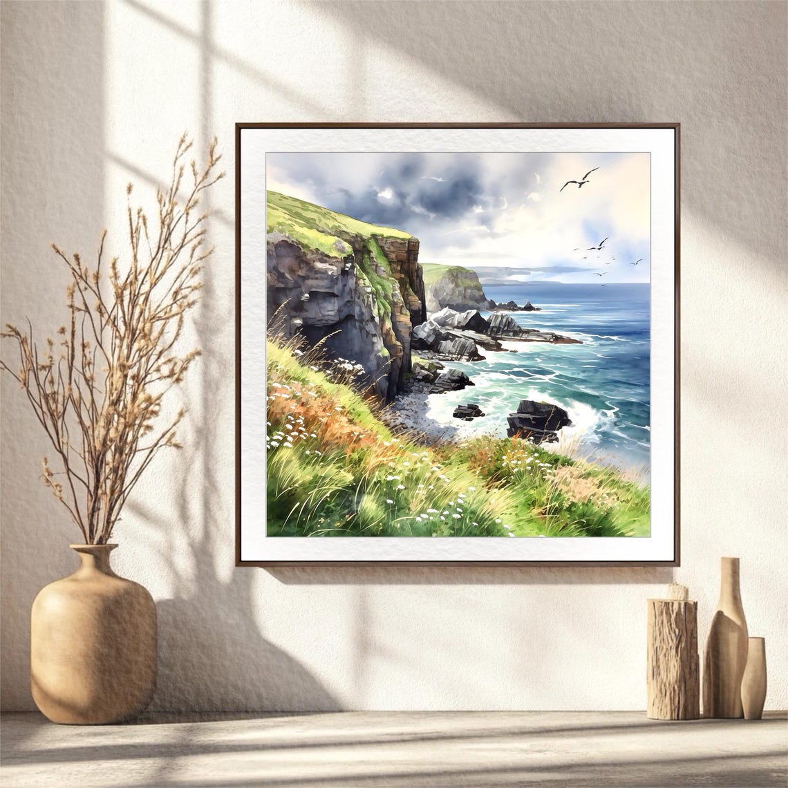 Irish Cliffside Ocean Waves Seabirds Watercolor Nature Art Poster - Image 3