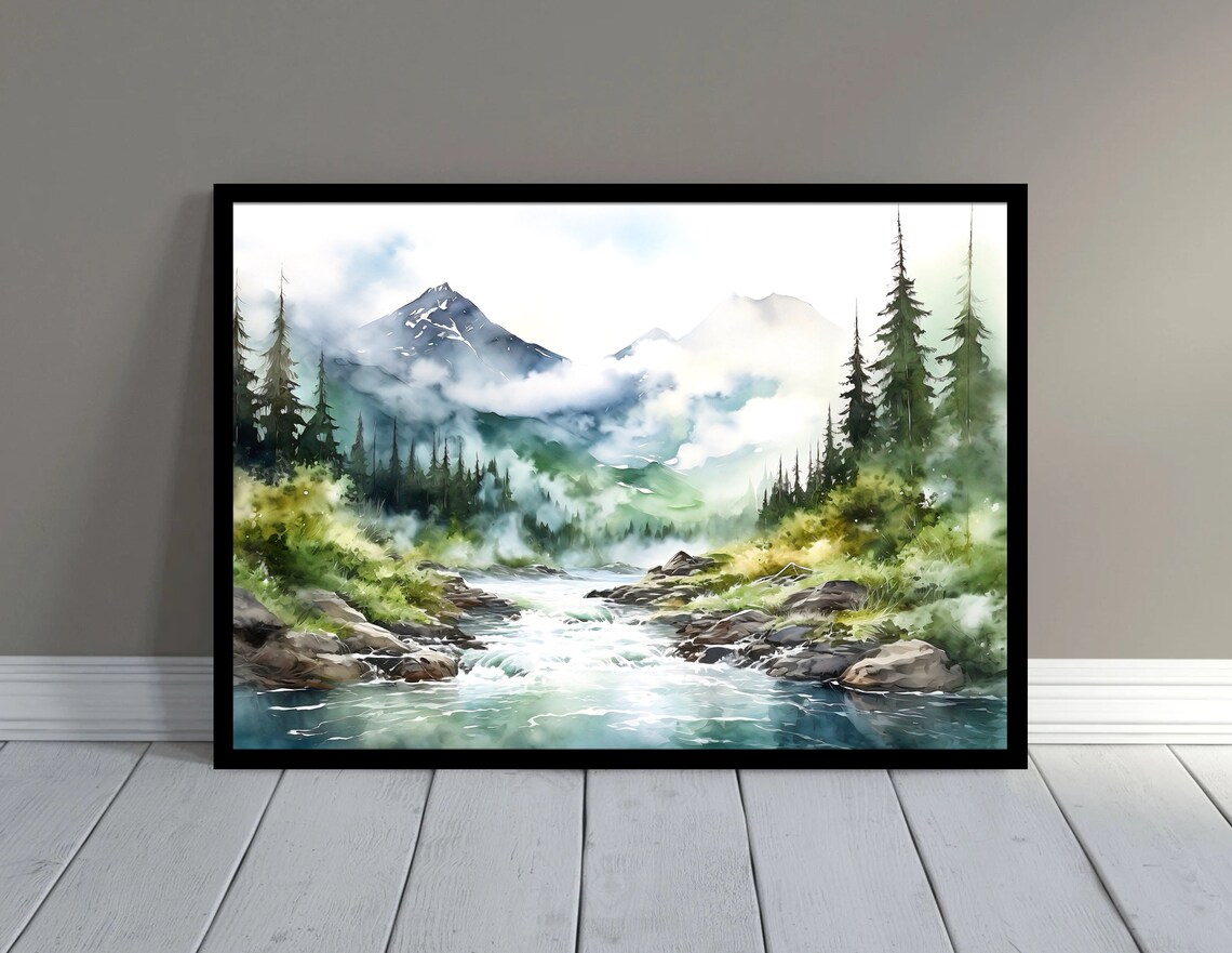 Alaska Watercolor Travel Poster, Mountain River Art Print - Image 2