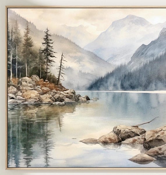 Mountain Lake Print Neutral Landscape Realistic Watercolor Square Wall Art Landscape Large Poster Home Decor Gift