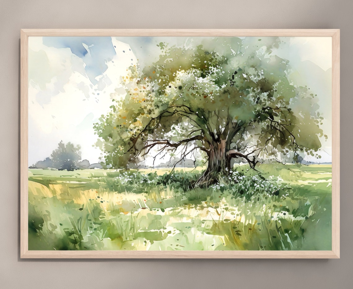 Oak Tree Watercolor Art Print, Summer Meadow Landscape - Image 4