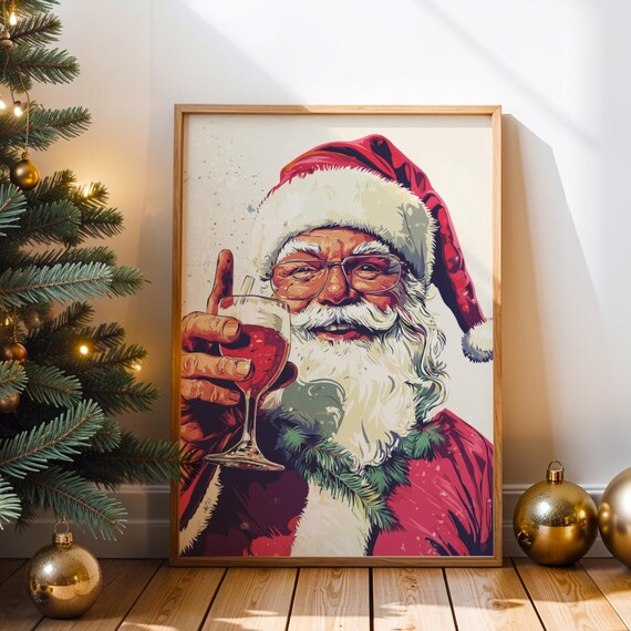 Santa Claus Red Wine Glass Funny Retro Toast Christmas Poster