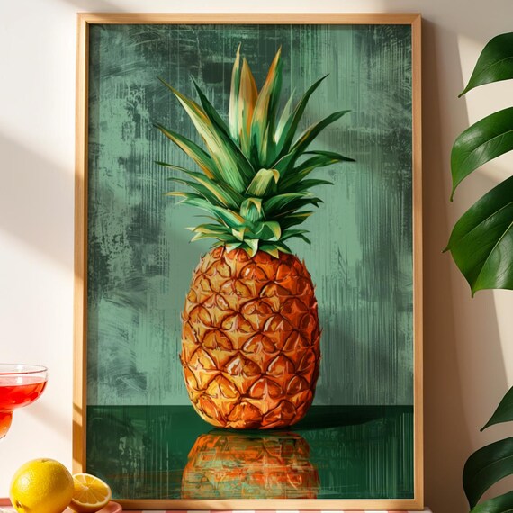 Watercolor Pineapple Tropical Fruit Green Background Kitchen Poster