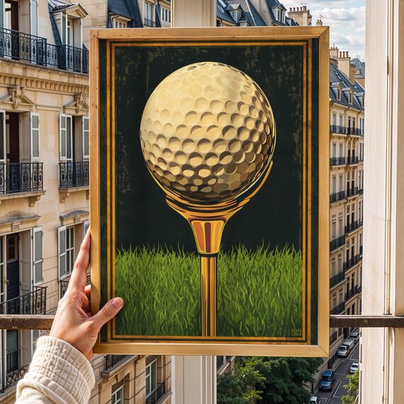 Vintage Golf Ball On Tee Gold Dark Background Retro Sports Poster