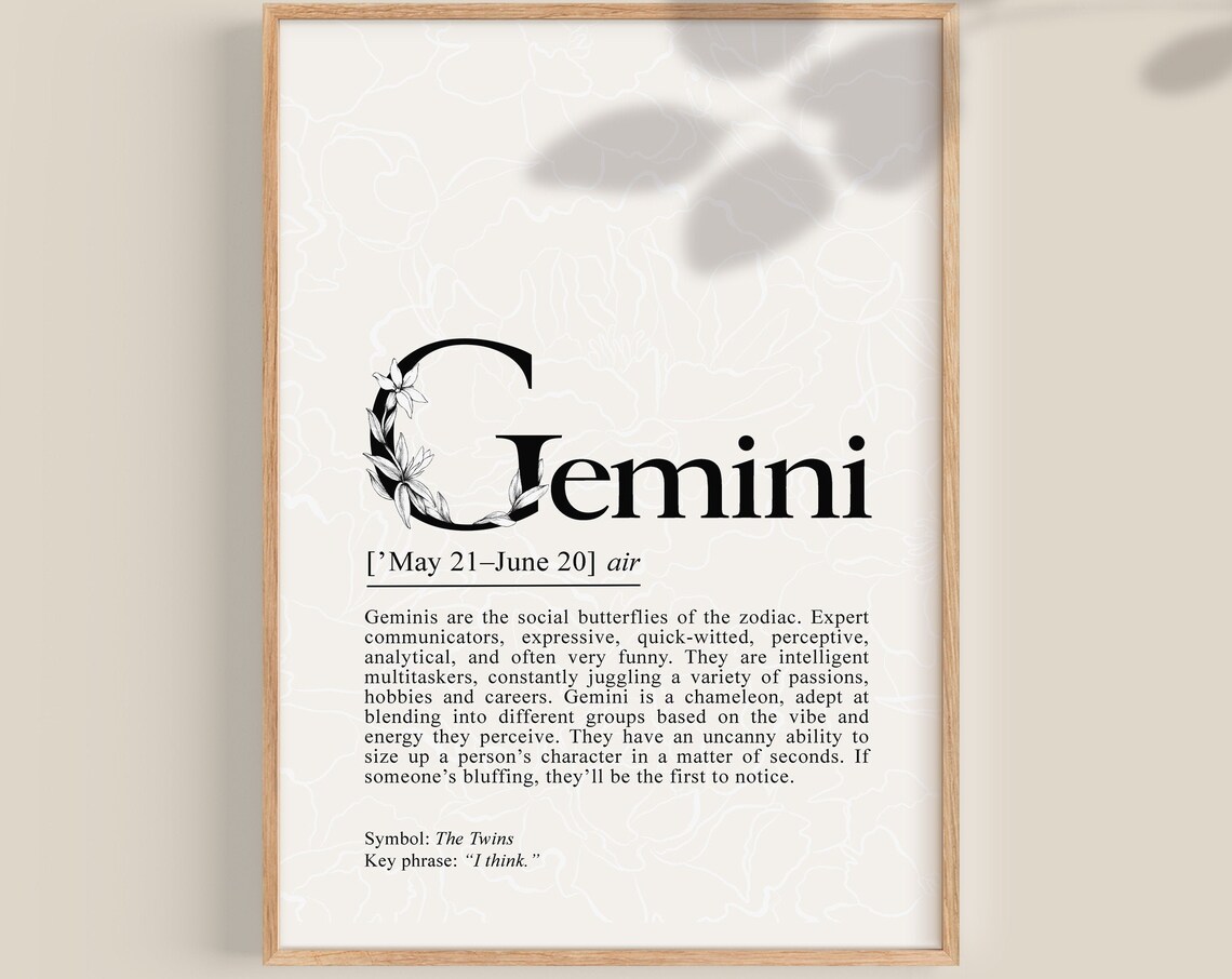 Gemini Definition Art Print, Zodiac Decor