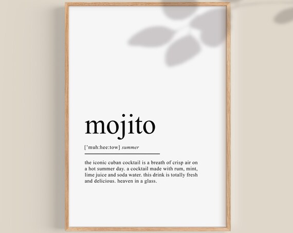 Modern Minimalist Mojito Cocktail Definition Typographic Wall Art