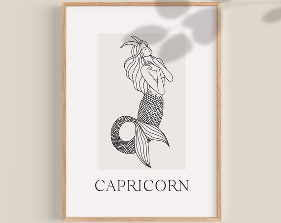 Capricorn Zodiac Mermaid Line Art Minimalist Astrology Wall Art