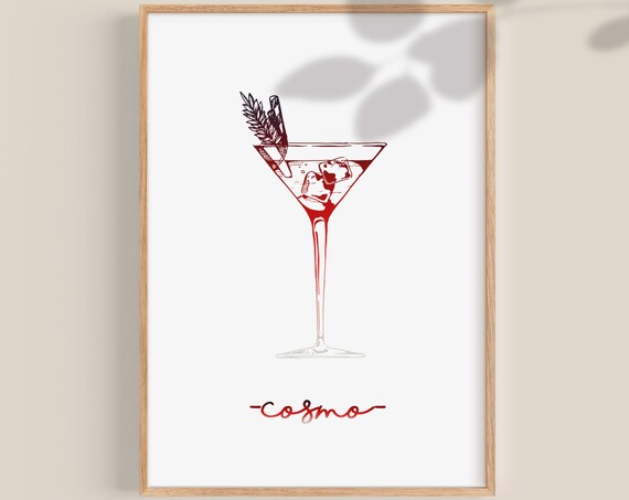 Cosmopolitan Cocktail Minimalist Martini Glass Poster Red Line Art Bar Decor