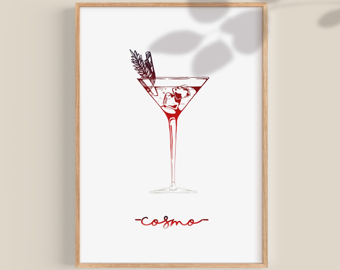 Cosmopolitan Cocktail Minimalist Martini Glass Poster Red Line Art Bar Decor