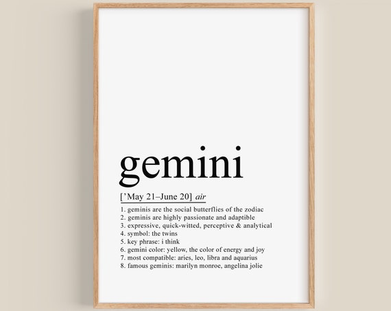 Gemini Definition Print Gemini Gifts Gemini Print Gemini Decor Zodiac Gifts Gemini Birthday Gift Astrology Gifts