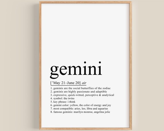 Gemini Zodiac Sign Definition Typographic Astrology Gift Wall Art