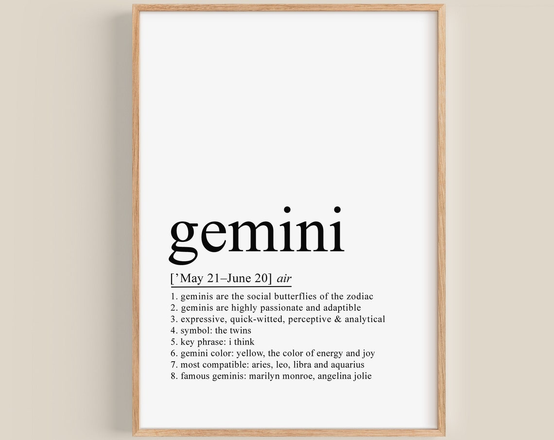 Gemini Zodiac Sign Definition Typographic Astrology Gift Wall Art