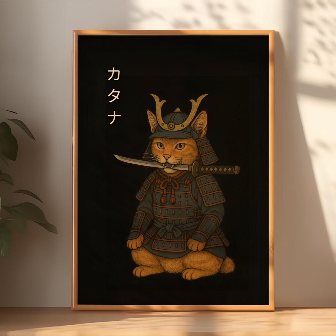 Samurai Cat Orange Tabby Armored Warrior Katana Japanese Art Print