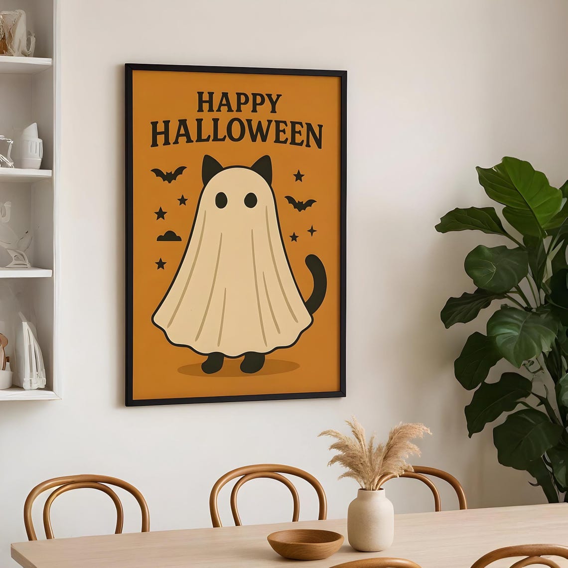 Happy Halloween Cat Poster Cute Black Wall Art