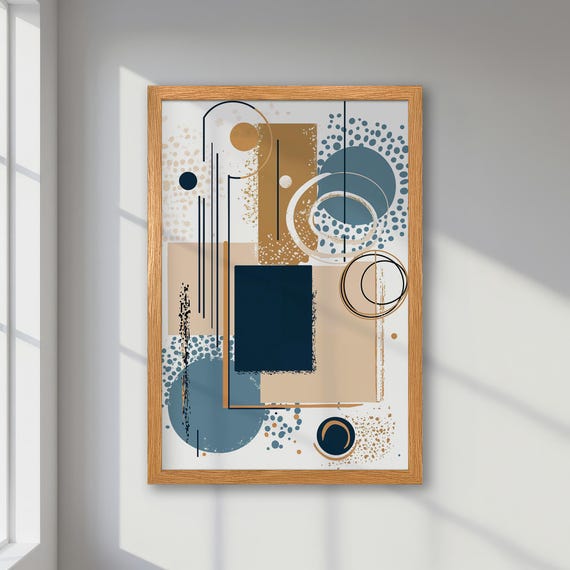 Framed Abstract Poster Geometric Minimalist Art In Blue Gold And Beige Modern Stylish Print Elegant Office Decor Unique Gift Idea