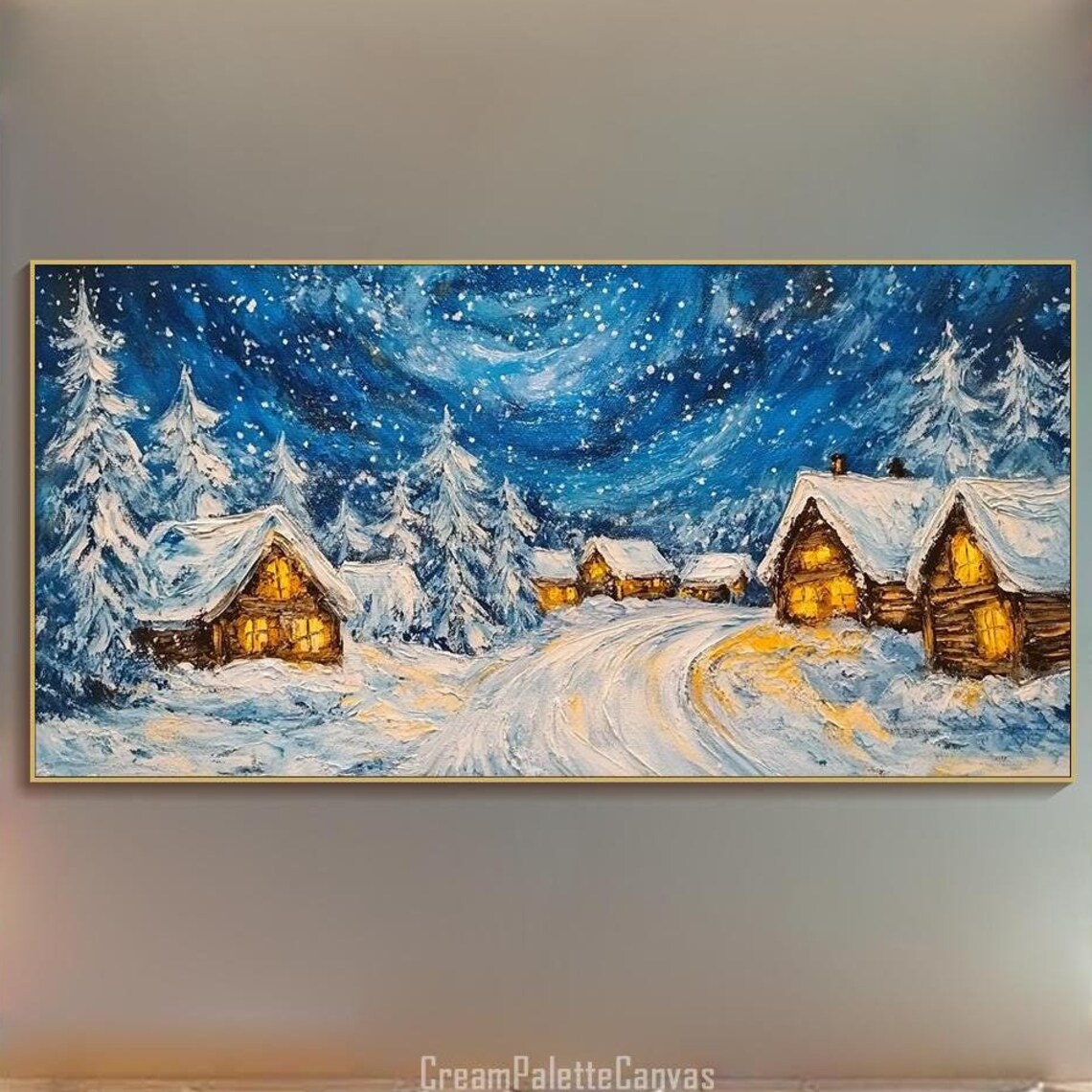 Cozy Winter Village Textured Oil Painting On Snowy Night Scene Wall Art Lit Cabins Landscape Painting Large Winter Living Room Decor - Image 3