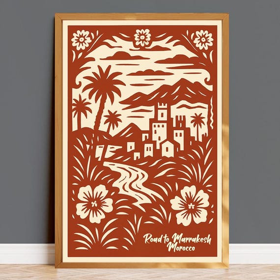 Road To Marrakesh Morocco Poster Vintage Paper Cut Folk Art Print Terracotta Mediterranean Wall Boho Travel Decor