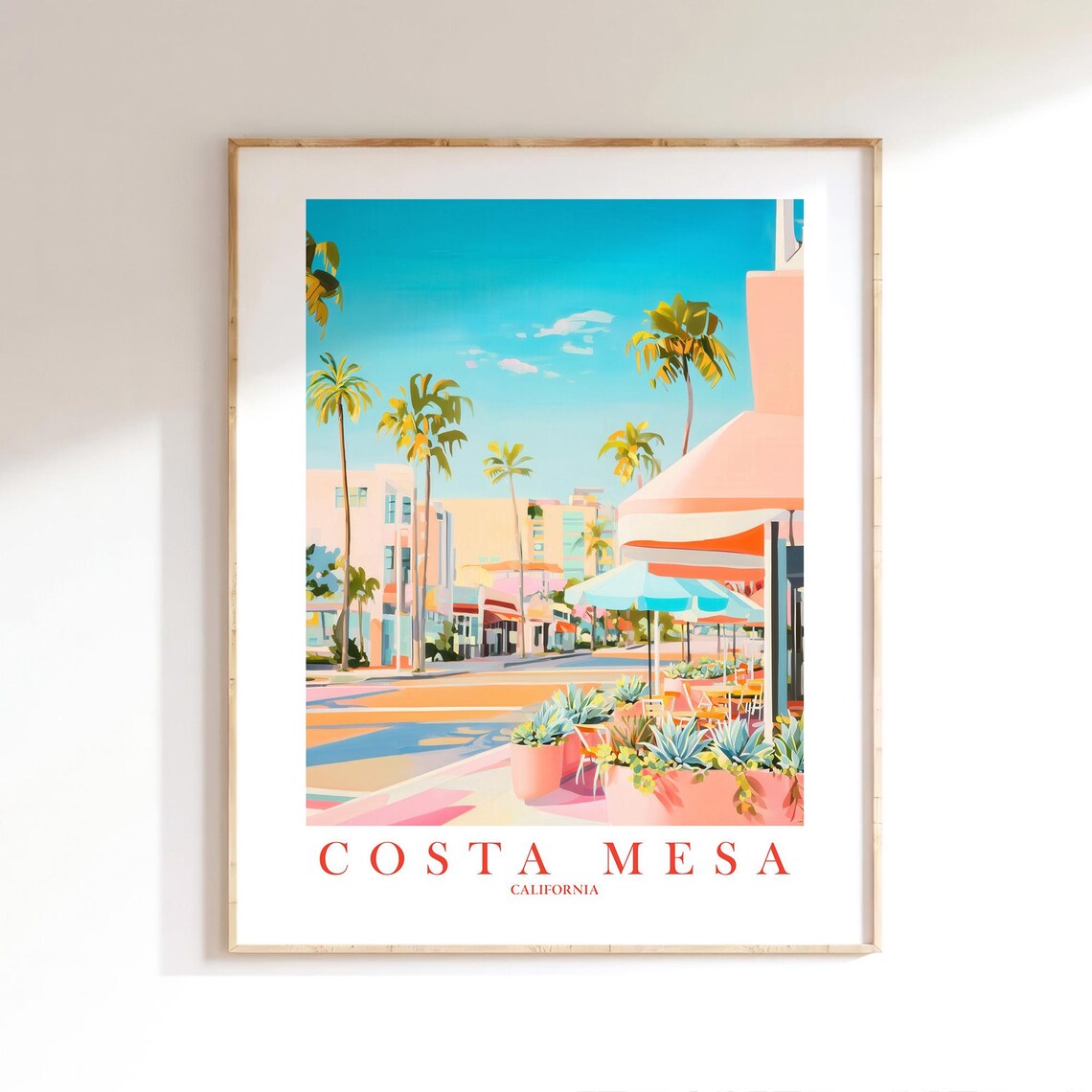 Costa Mesa California Palm Lined Street Pastel Travel Wall Poster