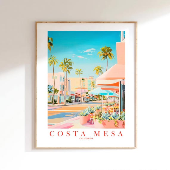 Costa Mesa Travel Print Gift For Family Peach Pink Teal Picture Cityscape Landscape Poster Orange County Wall Art