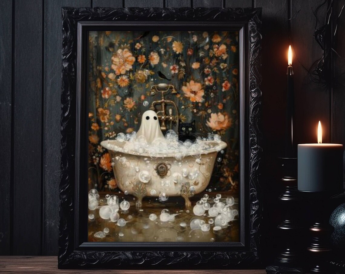 Ghost And Cat In Bathtub Bathroom Wall Art Print - Image 5