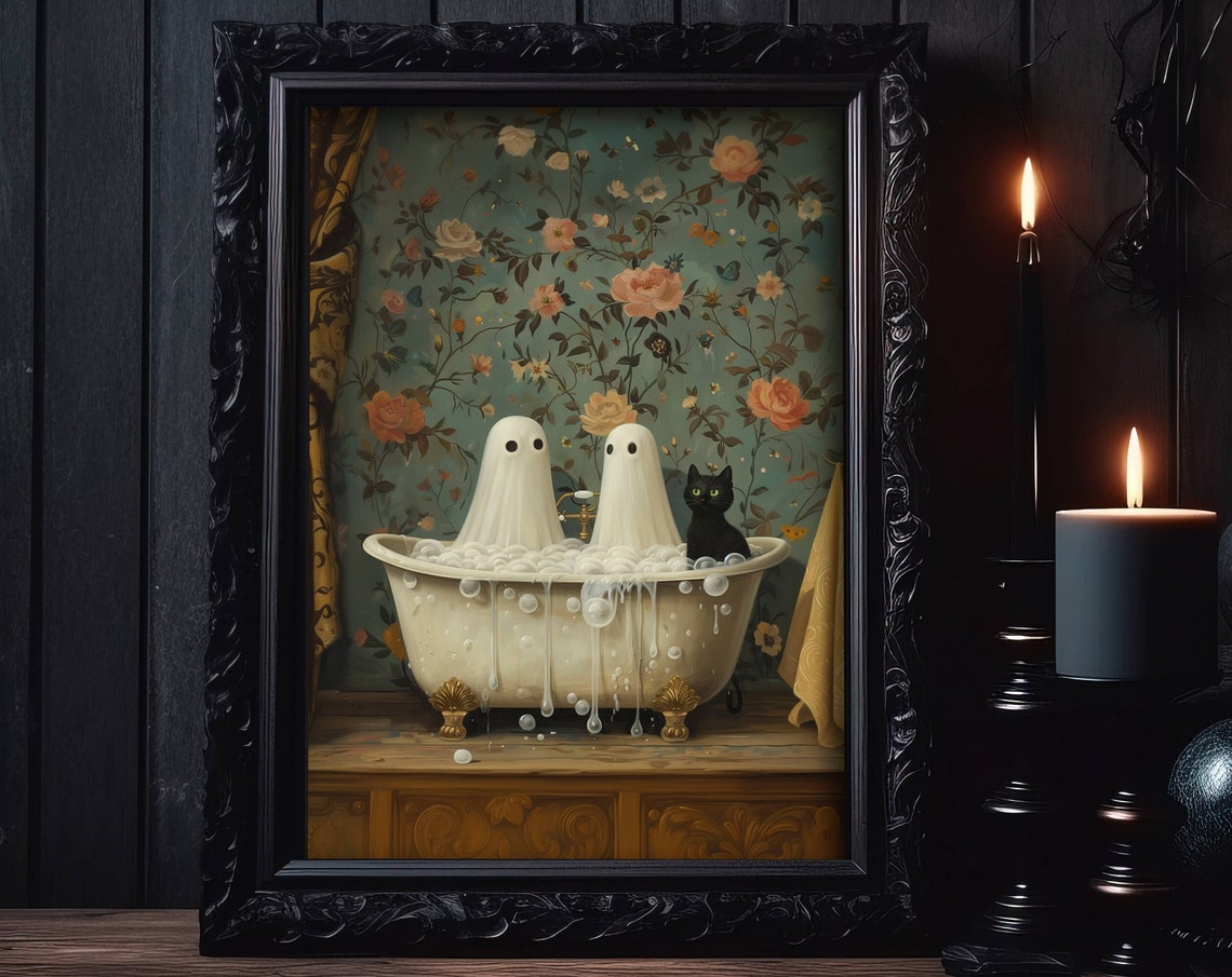 Two Cute Ghosts And A Black Cat In A Bubble Bath Whimsy Poster