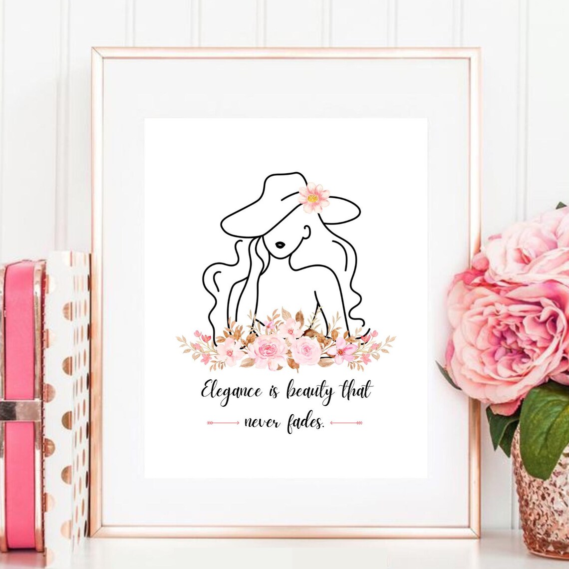 Elegance Is Beauty That Never Fades Line Art Woman Hat Floral Quote Poster