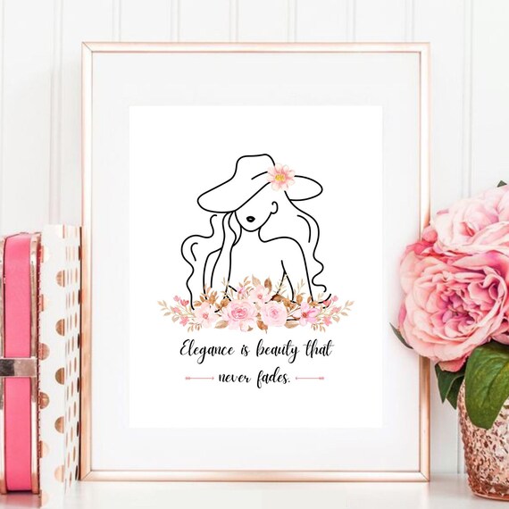 Elegance Is Beauty That Never Fades Line Art Woman Hat Floral Quote Poster