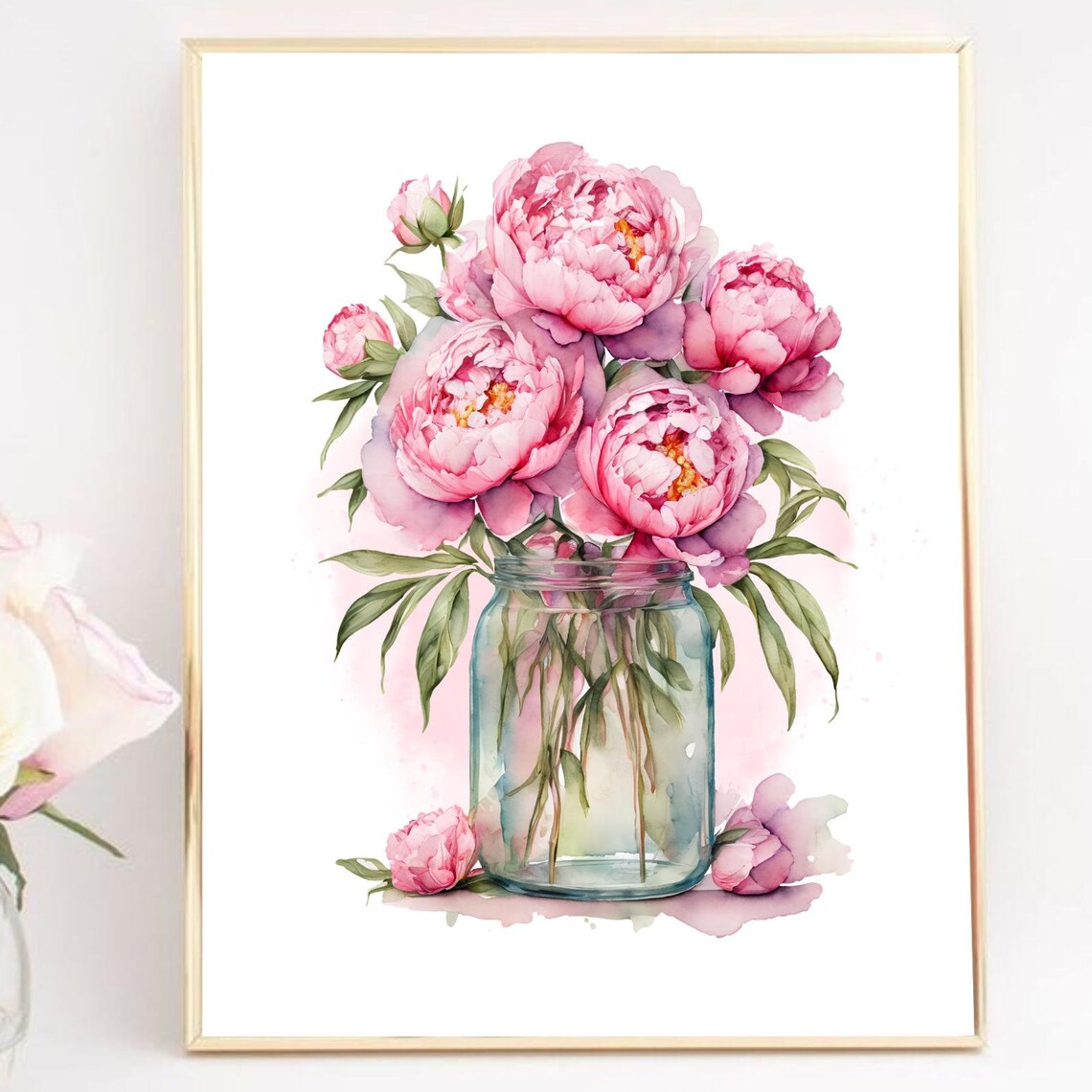 Pink Peonies Watercolor Bouquet Glass Jar Floral Home Decor Poster
