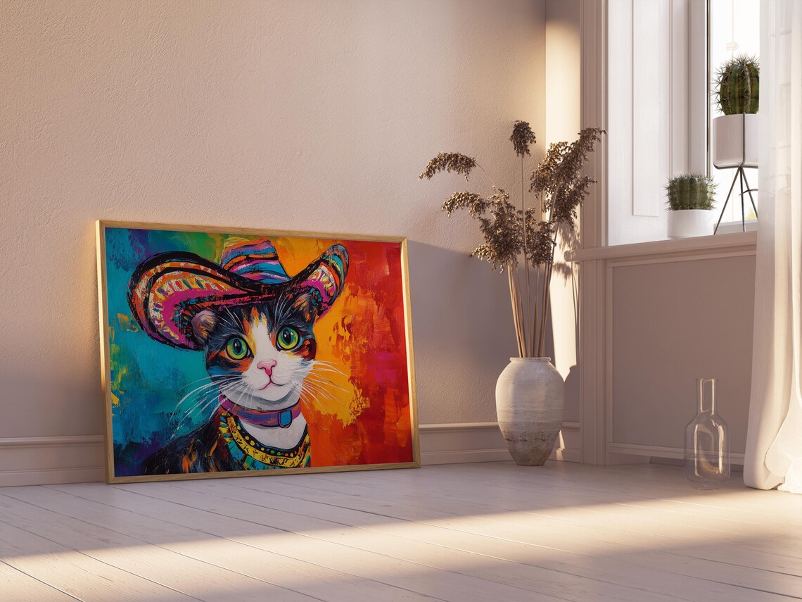 Cat Wearing Colorful Sombrero Fun Mexican Folk Art Portrait Poster - Image 2