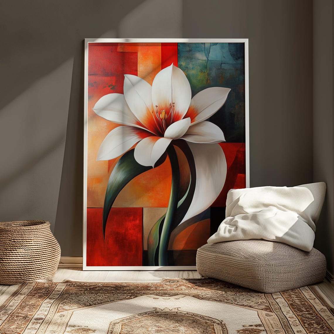 White Lily Color Block Red Teal Background Elegant Floral Art Poster - Image 3