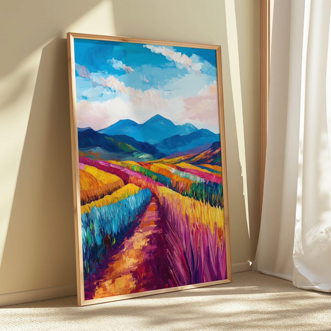 Rainbow Crop Fields Blue Mountains Pink Clouds Harvest Path Landscape Poster - Image 5