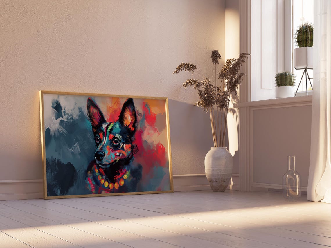 Small Chihuahua Like Dog Abstract Paint Strokes Red Teal Art Poster - Image 2