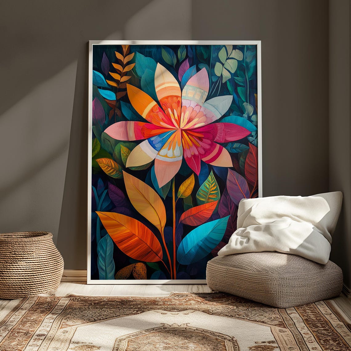 Banded Dahlia Bloom Dark Jungle Foliage Stained Glass Floral Poster - Image 3
