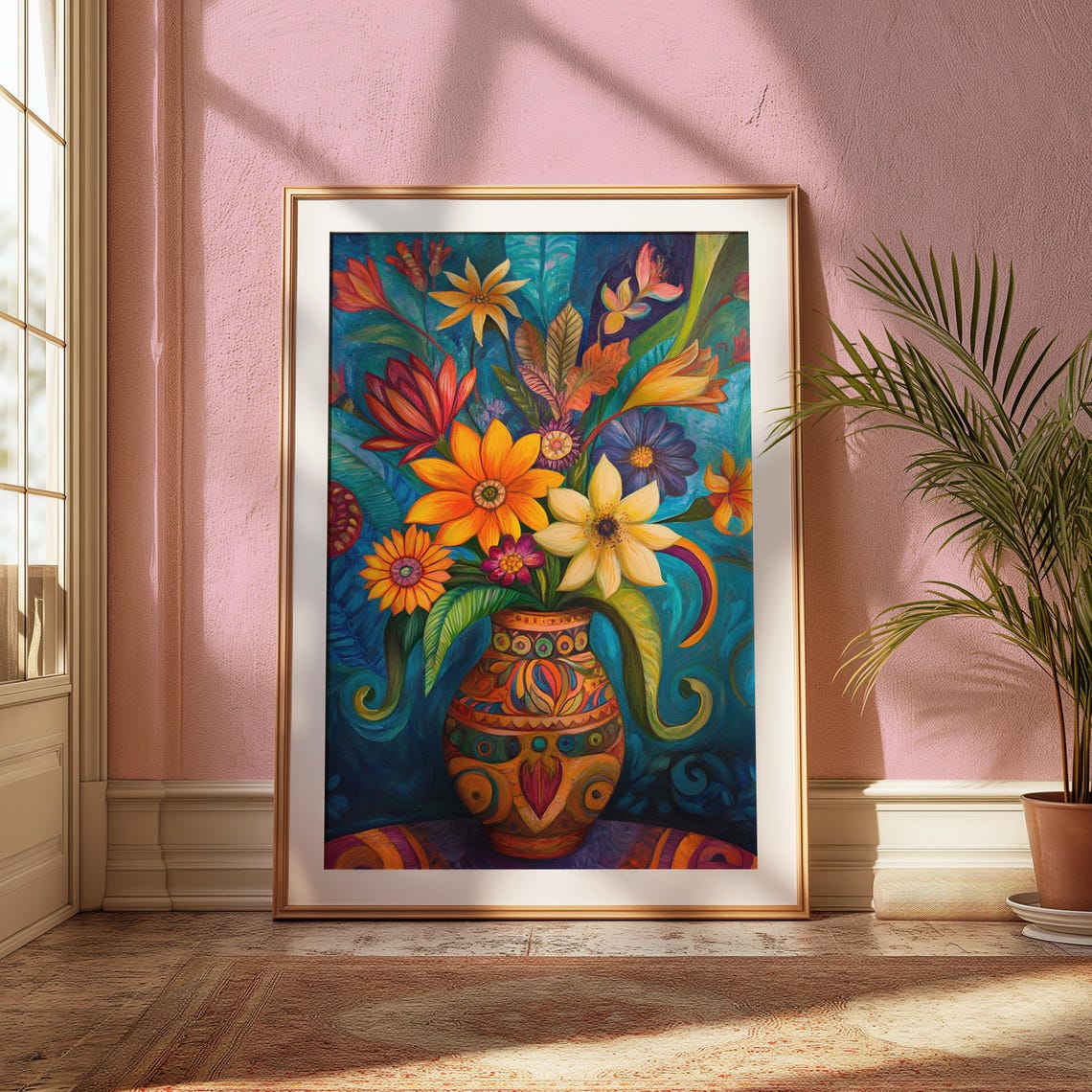 Stylized Tropical Lily Bouquet Patterned Orange Vase Teal Folk Poster - Image 2