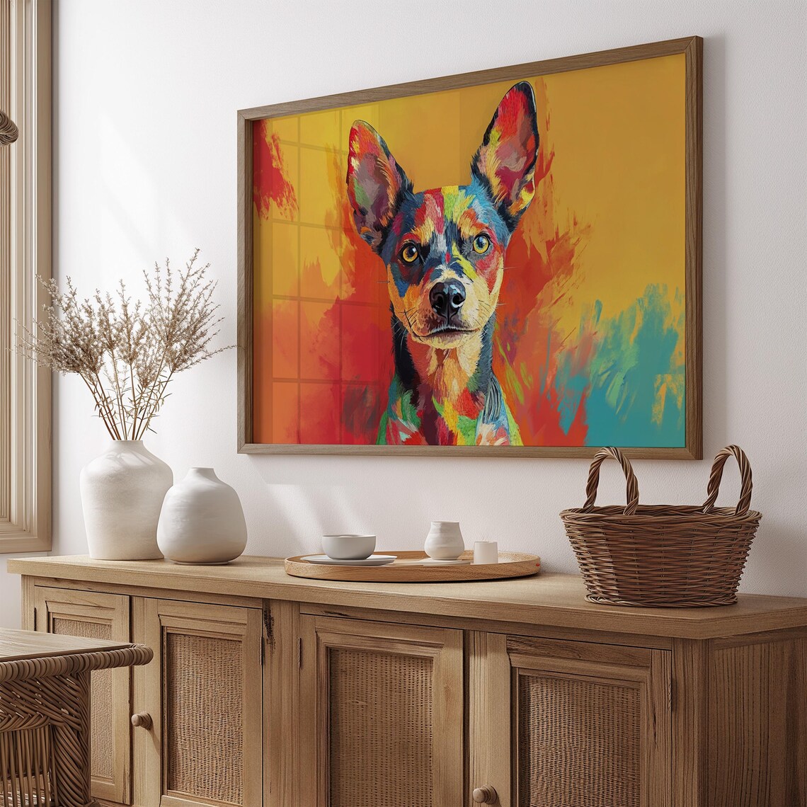 Big Eared Puppy Colorful Pop Art Portrait Yellow Orange Dog Poster