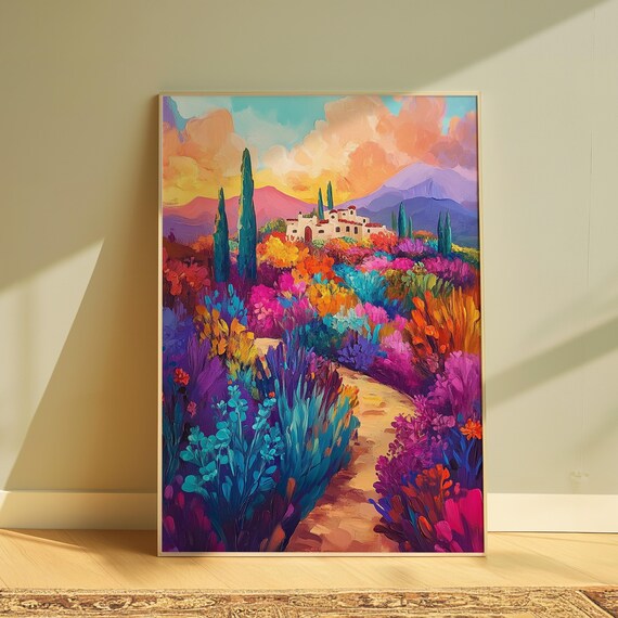 Hilltop Hacienda Red Roofs Flower Path Cypress Trees Sunset Hills Landscape Poster