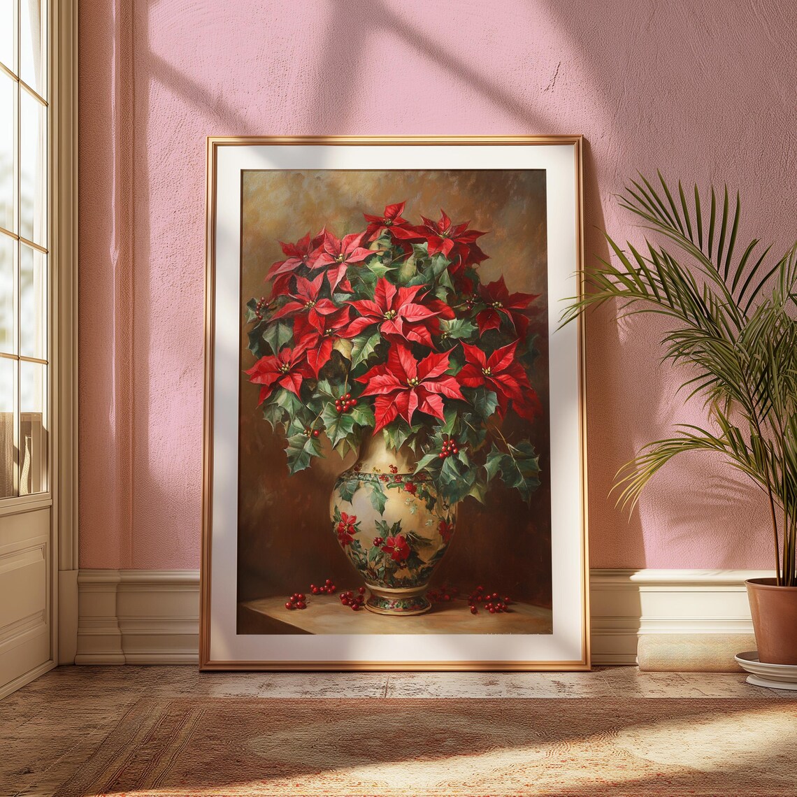 Red Poinsettia Holly Cream Floral Vase Christmas Still Life Poster - Image 2
