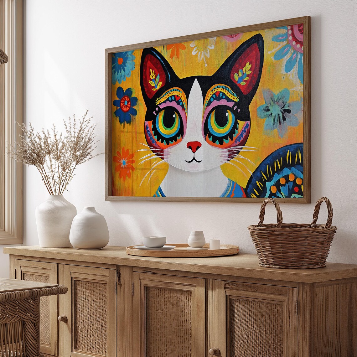 Cartoon Tuxedo Cat Big Rainbow Eyes Yellow Floral Whimsical Poster