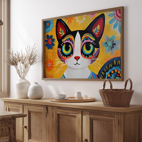 Cartoon Tuxedo Cat Big Rainbow Eyes Yellow Floral Whimsical Poster