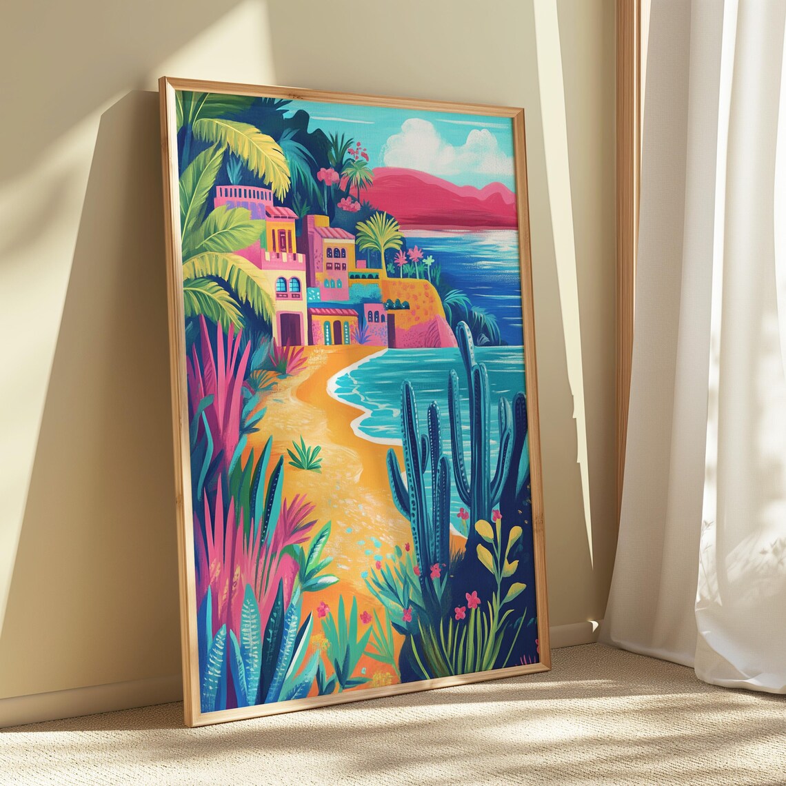 Mexican Coastal Village Beach Colorful Houses Cactus Art Poster - Image 5