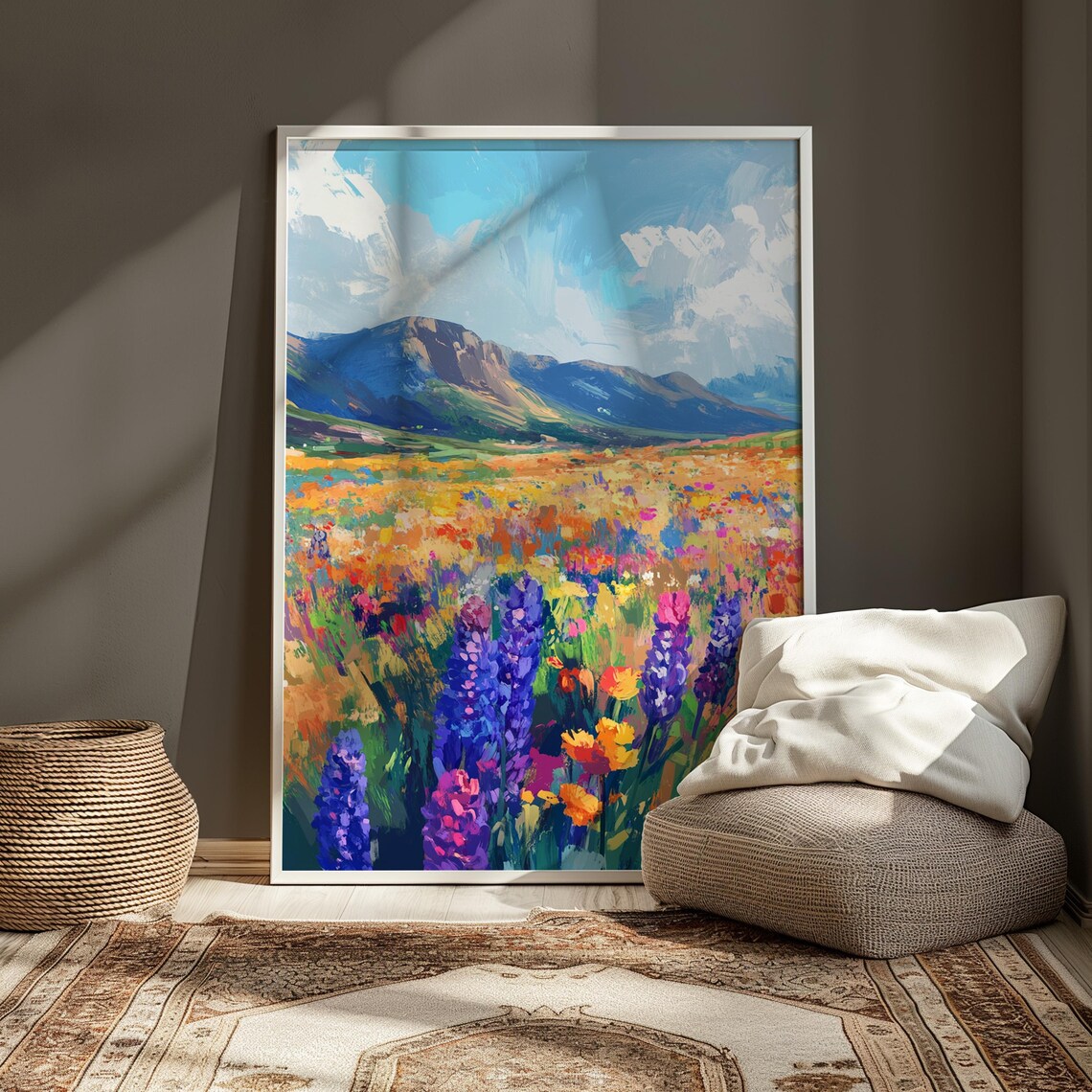 Impressionist Wildflower Meadow Lupines Blue Mountains Cloudy Sky Landscape Poster - Image 3