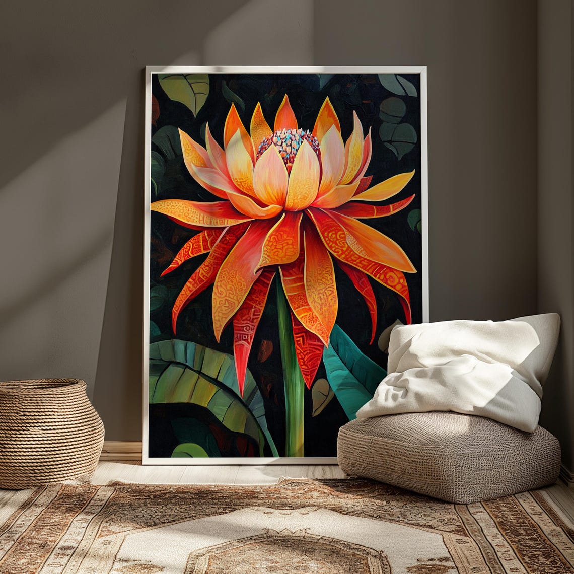 Fire Lotus Ribbon Petals Dark Background Bold Floral Art Poster - Image 3